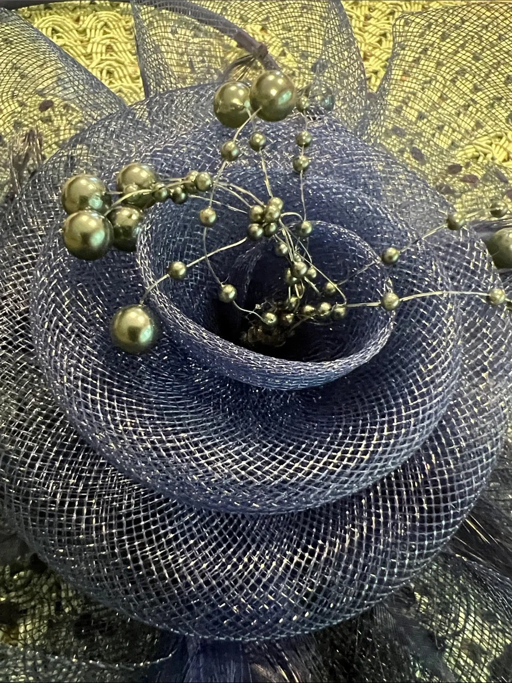 NWOT Elegant Navy Floral Fascinator Headband with Beaded Accents.
